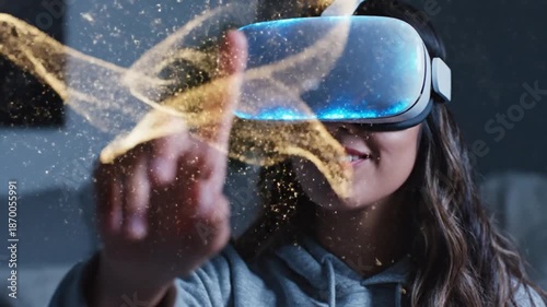 Woman using VR headset, interacting with virtual reality, futuristic technology experience