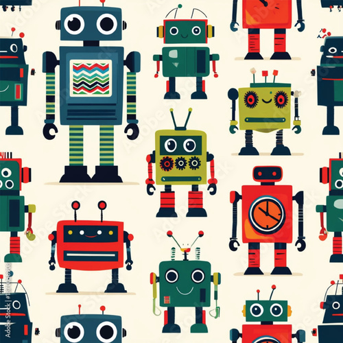 Seamless Pattern of Cute Retro Cartoon Robots in Colorful Flat Design Style