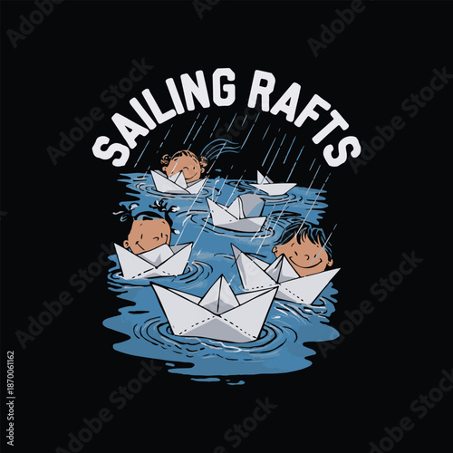 Sailing Rafts" - Diverse Children Enjoying Paper Boats in Rain Shower, Playful Childhood Concept, Whimsical Illustration Style