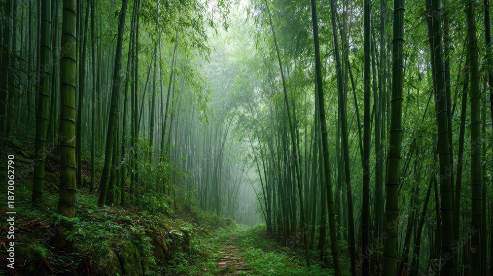 Obraz premium Tall green bamboo stalks with sunbeams in a serene forest path