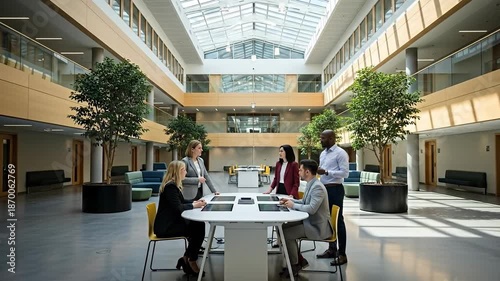 A modern office space featuring a collaborative meeting among diverse professionals in a well-lit environment.