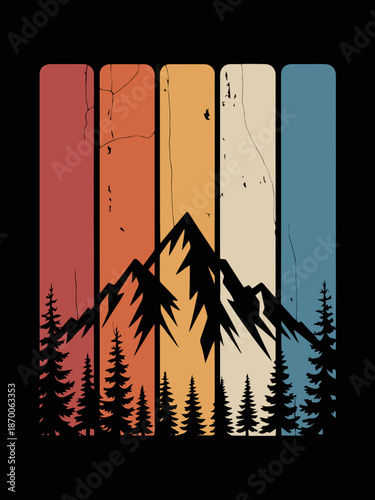 A stylized mountain silhouette is overlaid on vertical stripes with a retro color scheme.