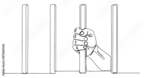 Hand gripping steel prison bars symbolizing captivity in continuous line drawing style