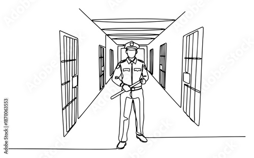Prison guard with a baton standing in a hallway corridor in continuous line art