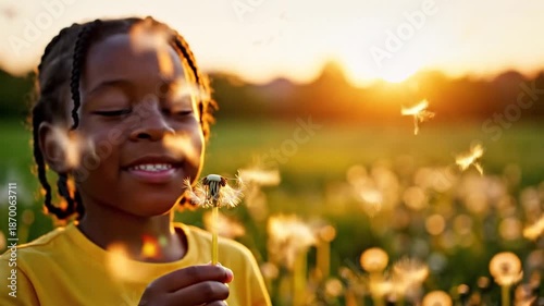 Young Black Girl Blowing Dandelion Seeds at Sunset