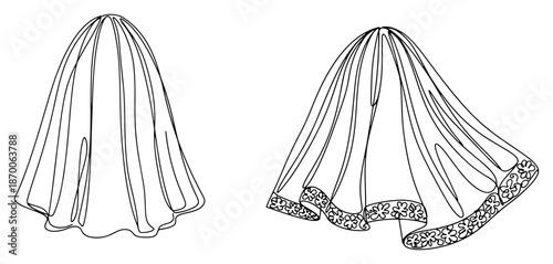 Continuous line drawing of bridal wedding veils with lace and draped fabric