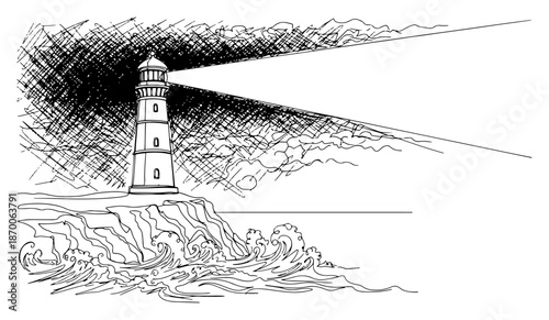 Sketch illustration of a lighthouse beacon shining light over stormy ocean waves at night