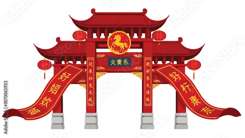 Chinese New Year red gate with horse emblem and lanterns vector illustration