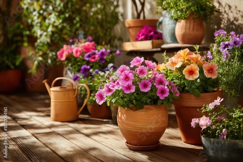 Wallpaper Mural Mixed flower pots on a sunny patio creating a lush container garden display Torontodigital.ca