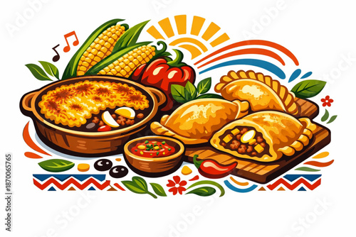 Vector Illustration of Traditional Chilean Cuisine with Pastel de Choclo and Empanadas on a White Background