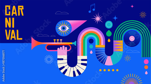 Colorful carnival and music festival poster and banner with abstract musical instruments