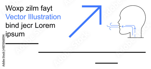 Communication, direction, speech analysis, linguistic patterns, conceptual design, educational tools. A human head, blue arrow, and abstract lines denote communication and direction concepts
