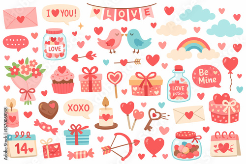 Valentines day cute elements illustration. Valentine Day love symbols with hearts gifts letters and romantic decorations
