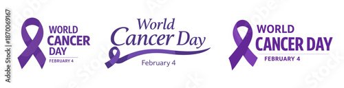 World cancer day ribbon logo set. February World Cancer Day purple ribbon typography symbols