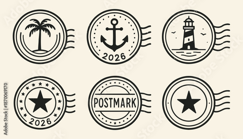 Vintage postage stamp icon collection in black. Set of tropical palm, anchor, lighthouse, star, postmark symbols