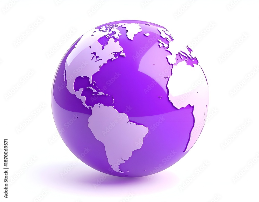 Obraz premium 3D-rendered, glossy purple globe with continents marked, isolated