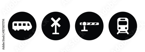 Circular Railway Safety Icon Set - White Minimalist Transit Vector Symbols on Black