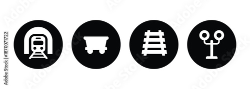 Circular Railway and Transit Icon Set - White Minimalist Transport Vector Symbols on Black