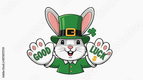 Cute cartoon bunny in green St. Patrick's Day outfit wishing good luck