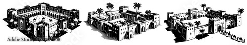 Isometric view of ancient desert city walls and fortress architecture