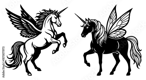 Mythical winged pegasus and unicorn silhouettes in heraldic style