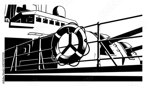 Lifebuoy hanging on a ship railing with deck background in black and white