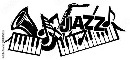 Expressive jazz music typography with saxophone and piano keys