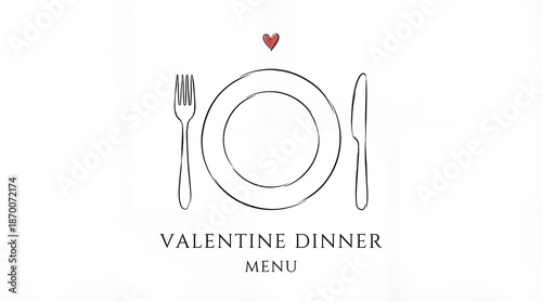 Valentine Dinner Menu Text with Plate and Cutlery Sketch Illustration