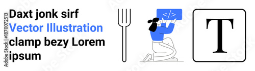 Technology, web development, software coding, creativity, education, user interface design. Fork icon, person coding with laptop typography. Technology and web development concept