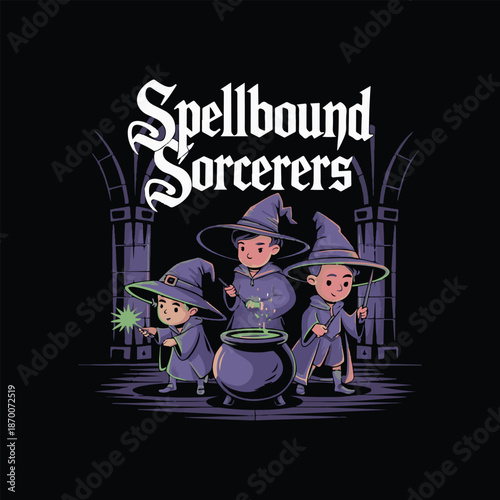 Three young sorcerers in wizard hats and robes casting spells near a cauldron, vector illustration, dark background