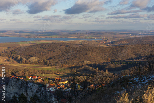 Winter panorama of Klentnice village in Palava with St. George Church. View of South Moravian landscape and Nove Mlyny reservoir