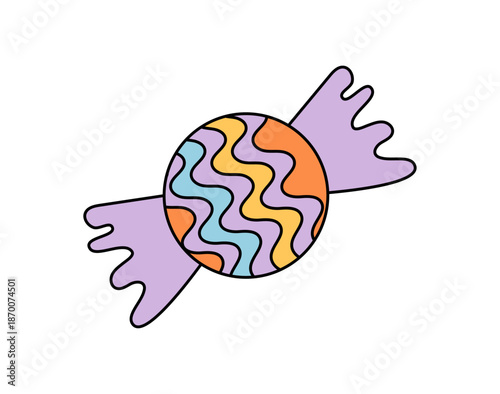 Groovy retro candy sticker with wavy swirl forms the main subject. Funky abstract pop cartoon with colorful orange and blue shapes. Y2k groovy element for music or fun playful themes.