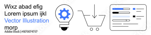 E-commerce, innovation, digital marketing, online shopping, web design, business strategy. Shopping cart icon, gear in a bulb and interface elements. E-commerce and innovation concept