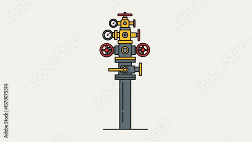 Whimsical mechanical totem sculpture composed of gears, cogs, pipes, and devices on a tall pedestal in a quirky illustration.