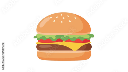 Illustrated cheeseburger with lettuce tomato and cheese on bun.