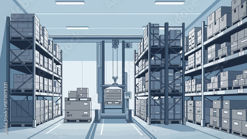 Industrial warehouse aisle with stacked shelves and forklifts in operation.