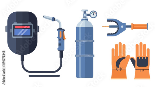 Industrial welding setup with helmet, torch, gas cylinder, and protective gloves.