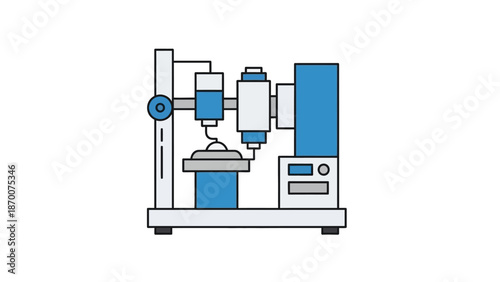 Illustrated espresso machine setup with grinder and portafilter in blue and gray tones.