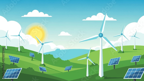 Vibrant Renewable Energy Landscape Featuring Wind Turbines and Solar Panels in Sunshine.