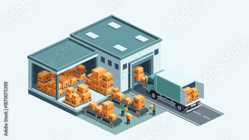 Industrial Warehouse Scene with Forklifts, Pallets, and Stacked Boxes in a Busy Distribution Center.