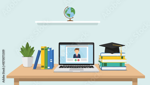 Home office desk with laptop showing a video call, surrounded by books, plants, and a globe.