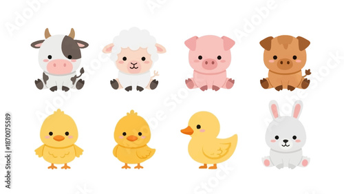 Whimsical cartoon farm animals set featuring cows, sheep, pigs, dogs, chicks, ducklings, and rabbits in a playful collection.