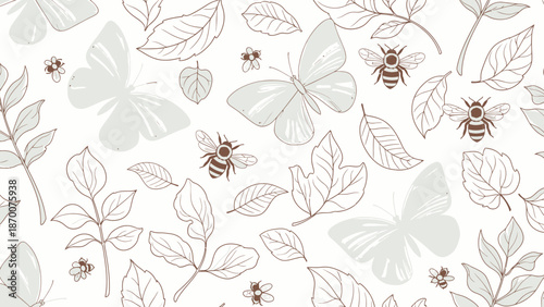 Bees and Butterflies on White Background.