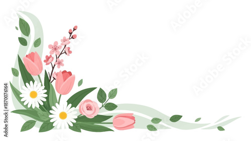 Watercolor Painting of Pink Flowers and Leaves.