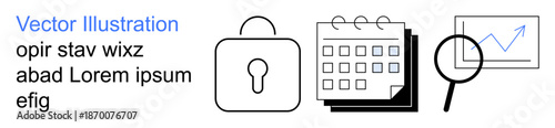 Data security, time management, progress analysis, business planning, productivity, digital tools. Lock symbol, calendar magnifying glass graph upward trend. Data security and time management