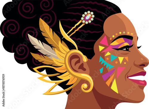 Woman with colorful carnival makeup and ornate feather earring