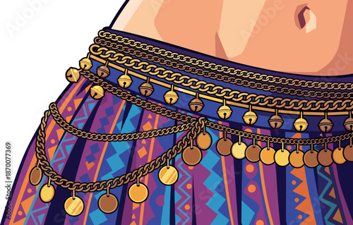 Tribal dancer's hip with ornate chain belt and colorful skirt