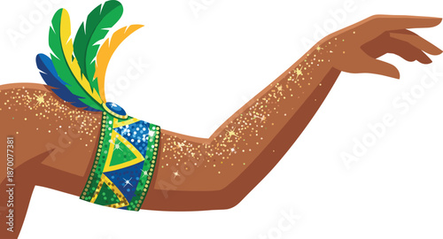 Brazilian carnival dancer's arm with festive feather and glitter accessory