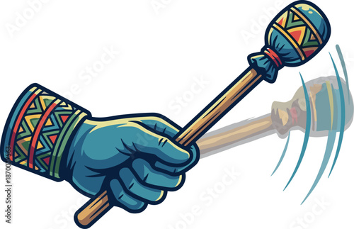 Hand in traditional costume holding colorful maraca mid-swing