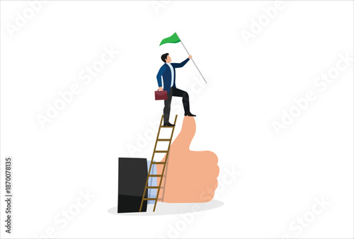 Success businessman climb up ladder of success to the top holding winning flag standing on thumb up metaphor of great job or mission accomplish.